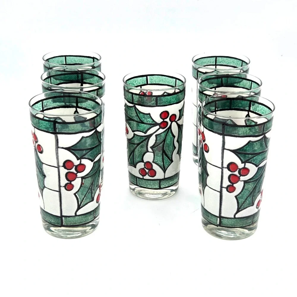 West Virginia Snowy Holly Berry Stained Glass Tumblers Lot of 7 Holiday 12oz